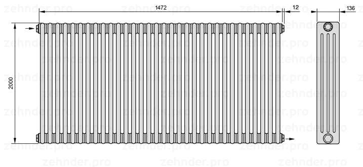 Схема (чертеж) Радиатор Zehnder Charleston 4200/32 №1670 Белый глянцевый RAL 9016